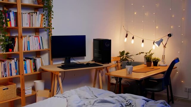 A cozy bedroom setup features a desk, computer, bookshelf, bed, string lights, plants, and a desk