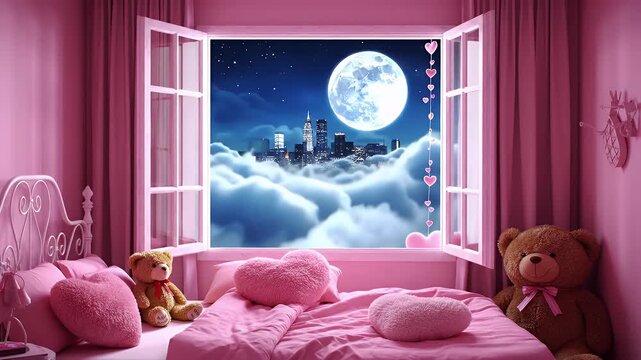 Whimsical Pink Bedroom Opening to a Moonlit Dreamscape with Plush Bears