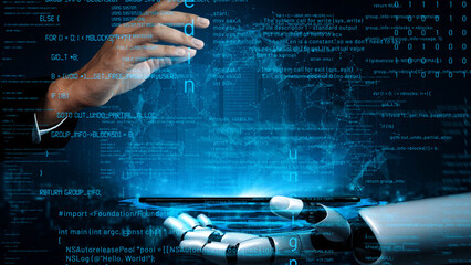 A captivating scene showcasing a robotic hand engaging with a glowing digital interface, representing advanced technology and innovation in cybernetic interaction. Xenic