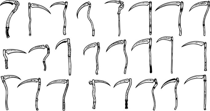 Hand-drawn collection of various fantasy scythes and grim reaper tools, featuring different styles and designs in a black and white outline doodle sketch.