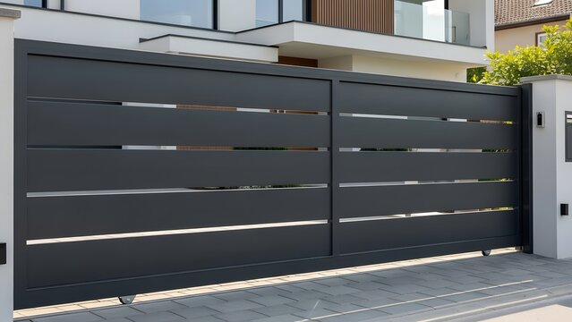 Modern dark gray sliding gate with horizontal slats in front of a contemporary house and paved driveway.
