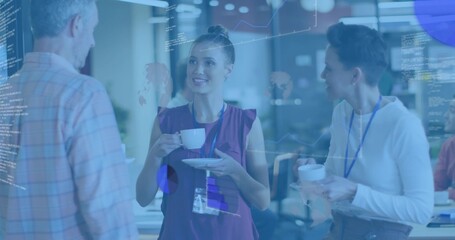 Chatting female worker holding white cup and saucer, wearing lanyards in break area, data overlays