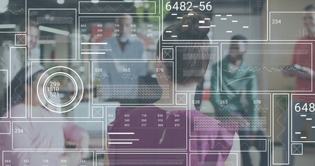 Standing woman in purple dress with keyhole back surveying busy open-plan office, with HUD overlays