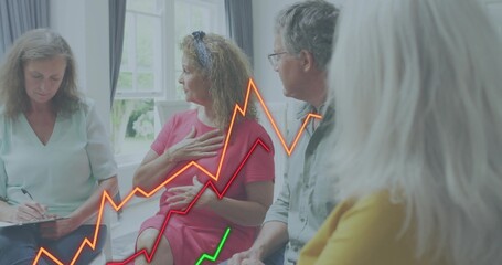 Writing woman in mint blouse taking notes on clipboard by window, glasses, neon graphs overlaying