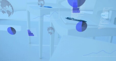 Displaying white table holding dark pen with floating pie charts and code snippets in studio