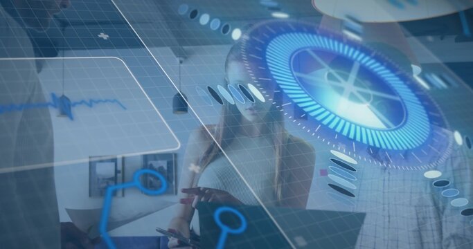 Holding phone, female analyzing HUD overlays in tech lab in light top, laptop showing waveform - Powered by Adobe