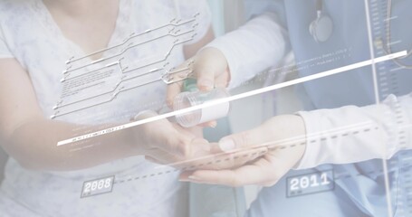 Pouring clinician in blue scrubs with stethoscope handing pills into patient cupped hands, timeline