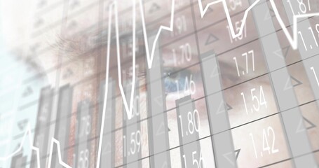 Gazing adult male eye focusing on financial charts at office, overlaying bars, line graph, numbers