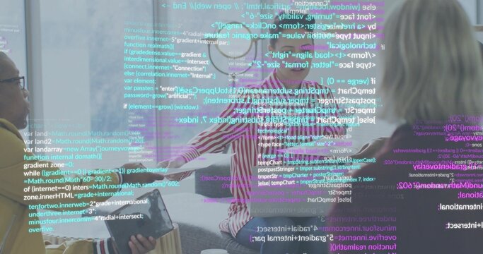 Leading woman in red-striped pants reclining on sofa in office lounge, holding tablet showing code - Powered by Adobe