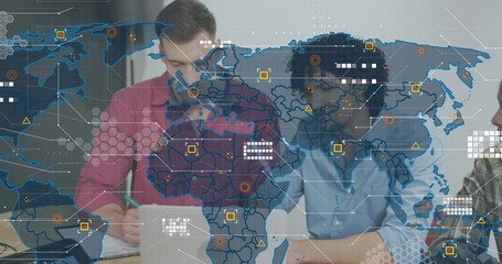 Leaning three men collaborating over documents at office table with laptops and button shirts, HUD