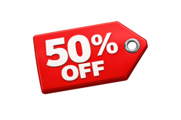 Red 50% off tag presenting a special promotion and discount for commercial shopping and retail sales