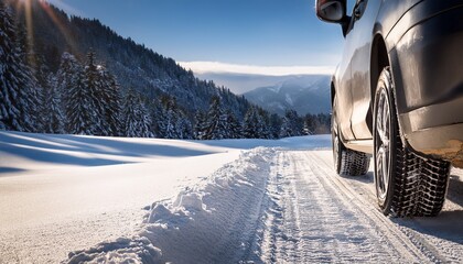 n car driving confidently on snowy mountain road with close up on studless tires