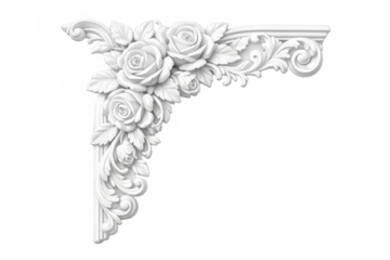 White gypsum stucco architectural corner ornament with rose flowers, classical style floral relief decor element isolated on transparent background