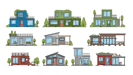 Obraz premium Collection of nine modern and contemporary house illustrations with greenery