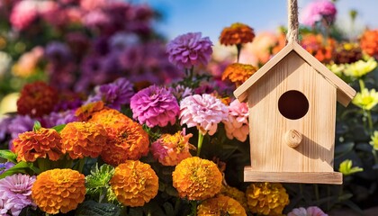 wooden birdhouse hanging amid colorful flowers