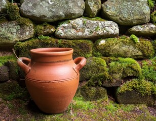 rustic terracotta pot by a mossy stone wall