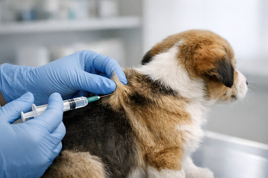 Veterinarian Administering Vaccination to Puppy, Dog Receiving Shot