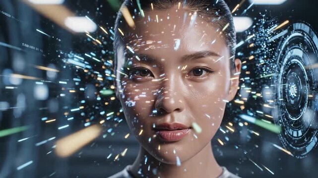 Human face with AI data visuals 4K video. A close-up of a human face softly illuminated by floating AI data visuals, with digital patterns reflecting on the skin.