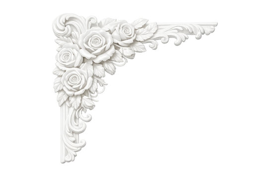 White ornate baroque corner decoration featuring sculpted roses and scrolling ornaments, rendered in 3d with a transparent background