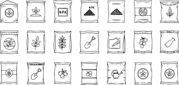 Hand-drawn set of farming and gardening supplies icons. Collection includes seeds, fertilizer bags, plants, tools, and crops. Sketch style agriculture illustrations.