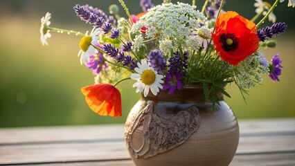 A close-up of a handmade pottery vase with wildflowers