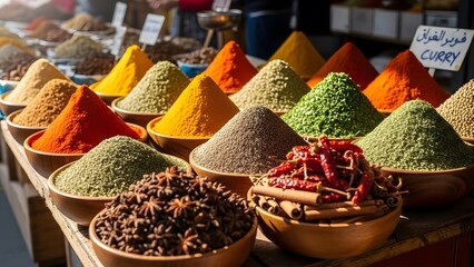 A colorful array of spices in small bowls on a market stall