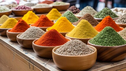 A colorful array of spices in small bowls on a market stall