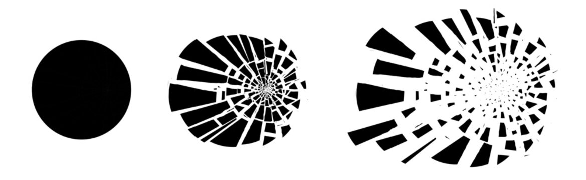 Realistic shattered glass effect with sharp 3d fragments and geometric debris. This abstract circular blast pattern features explosive energy and black fractures, perfect for destruction VFX.