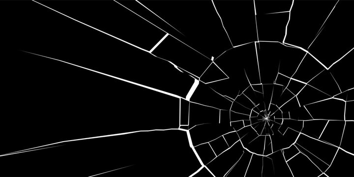 Broken glass texture overlay with detailed screen cracks and bullet mark fractures. Digital window smash effect with sharp shards and rectangular fragments for smartphone or TV screen mockups.