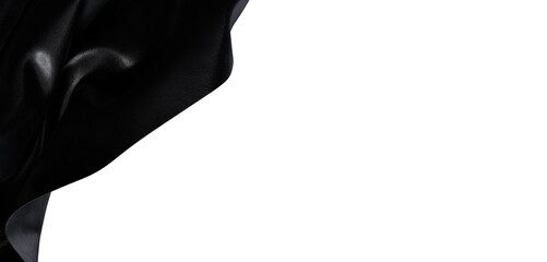 Abstract black fabric wave in the corner of white background. Modern art design with copy space and flowing style. Great