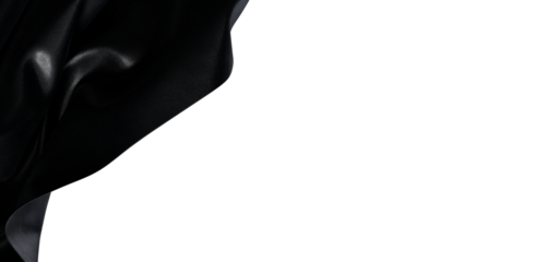 Abstract black fabric wave in the corner of white background. Modern art design with copy space and flowing style. Great