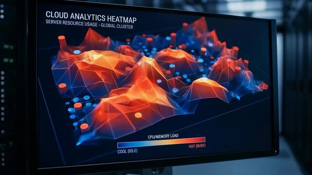 Cloud analytics heatmap visualizes server resource usage with vibrant colors for efficient infrastructure management and data monitoring control