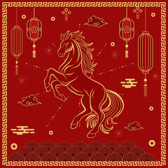 Elegant Chinese New Year illustration featuring a rearing horse zodiac drawn in gold line art on a rich red background.