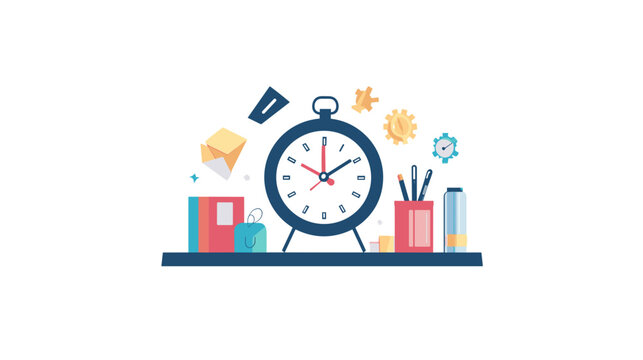Time Management Clock with Office Supplies. - Powered by Adobe