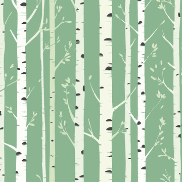 Seamless birch tree pattern on green background. Vector forest texture with white trunks for nature wallpaper, textile print, wrapping paper or spring wood design.