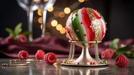Elegant festive sphere dessert adorned with red, green, and gold glitter alongside fresh raspberries