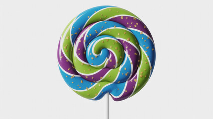 Vibrant swirl lollipop with golden sprinkles on a clean white background