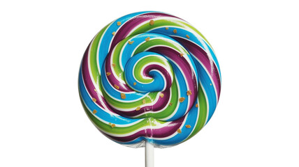 A vibrant and playful spiral lollipop with colorful stripes and golden sprinkles on a white background