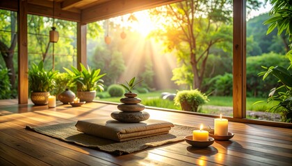 Serene yoga session in a natural environment with soft light and a tranquil atmosphere. Perfect for mindfulness, outdoor yoga, wellness retreats, mental health and relaxation themes.