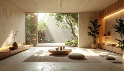 Serene yoga session in a natural environment with soft light and a tranquil atmosphere. Perfect for mindfulness, outdoor yoga, wellness retreats, mental health and relaxation themes.