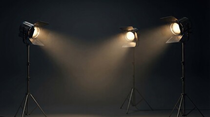 Three Professional Studio Film Lights On Tall Tripod Stands Emitting Warm Bright Beams In A Dark Cinematic Photography Background With Dust