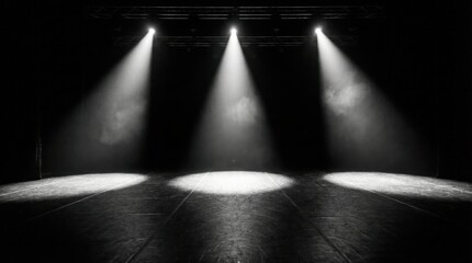 Three Dramatic White Spotlights Shining Down On A Dark Empty Stage With Visible Dust Particles And Bright Round Pools Of Light In Black And