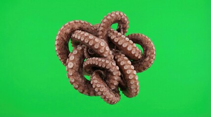 Tangled Fresh Octopus Tentacles With Visible Suckers Isolated On Vibrant Green Screen Background Showing Natural Texture And Deep Brown