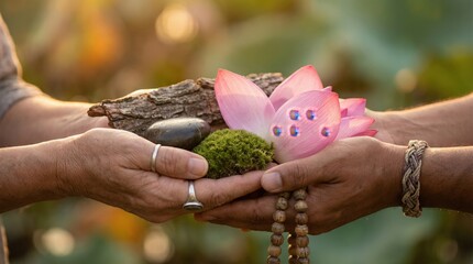 Two Hands Gently Holding A Pink Lotus Flower Green Moss Smooth Stone And Tree Bark During Golden Hour With Blurred Natural Garden