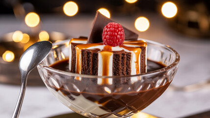 Rich chocolate layered dessert with caramel and a fresh raspberry in a clear glass bowl