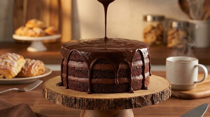 Triple Layer Chocolate Cake With Glossy Ganache Glaze Dripping Down Sides On Rustic Wood Stand In Warm Kitchen Setting With Steam And