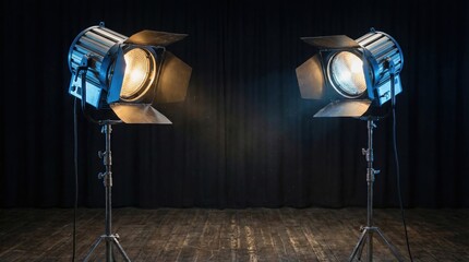 Two Professional Studio Spotlights With Barn Doors On Tripod Stands Illuminated In A Dark Movie Set Studio With Black Curtain Backdrop