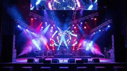 Vibrant Concert Stage With Bright Blue And Red Spotlights Illuminating Thick Fog Near Music Instruments And Large LED Screens In Dark Venue