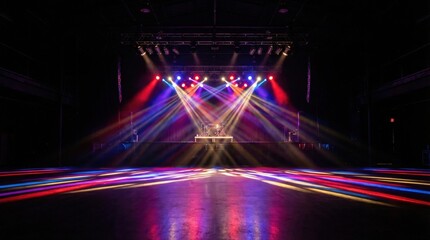 Vibrant Concert Stage With Colorful Spotlights Beaming Down On An Empty Dark Venue Floor During A Live Event Performance Atmosphere With