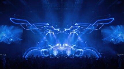 Vibrant Blue Light Trails Forming Symmetrical Wing Shapes In A Dark Concert Hall With Silhouette Crowds And Bright Spotlights In Background